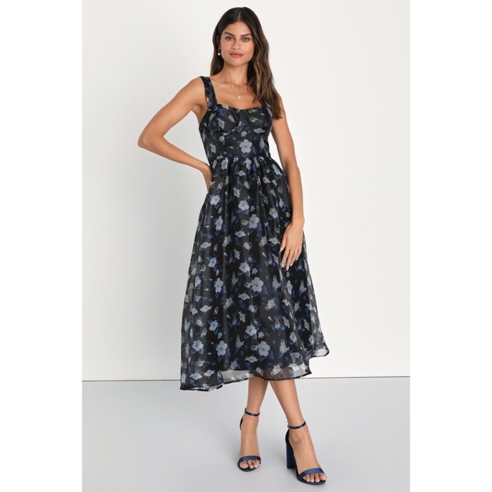 Lulus Delightful Look Black Floral Print Bustier Midi Skater Dress - Size M